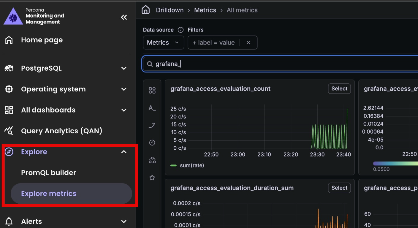 Explore metrics in the PMM sidebar